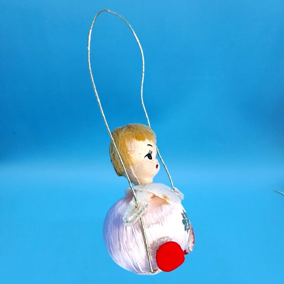 Vintage 1960s Satin Ball Angel Ornament Foil Wings Spun Cotton Composite Face v4 - Picture 4 of 8